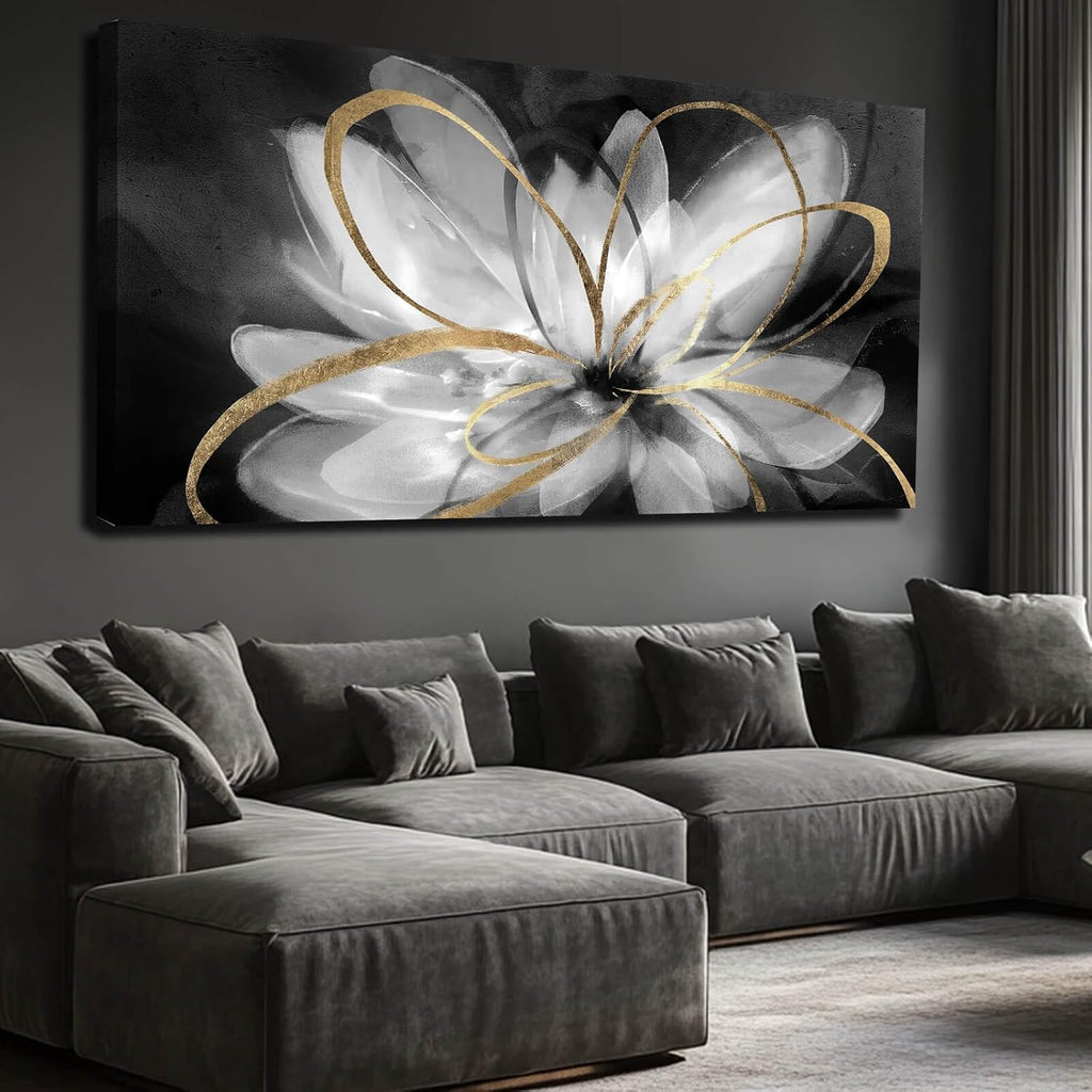 SOUGUAN Flower Large Artwork Gold Wall Decor White Canvas Paintings for Living Room Bedroom Kitchen Office 30'x 60'