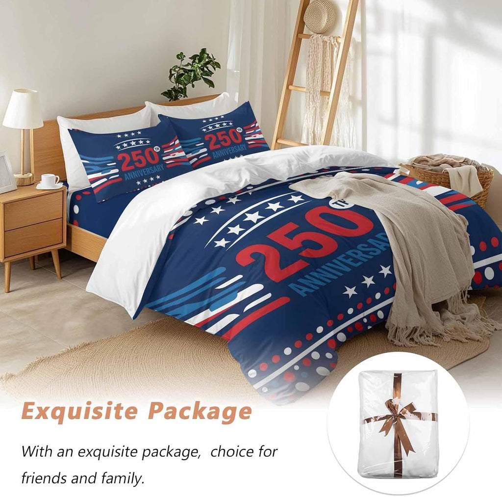 USA 250th Anniversary Duvet Cover Set Queen Size 4 Pieces Polka Dots Star Independence Day Navy Blue Bedding Set with Zipper Closure, 1 Comforter Cover 90x92 Inches 1 Flat Sheet & 2 Pillow Cases
