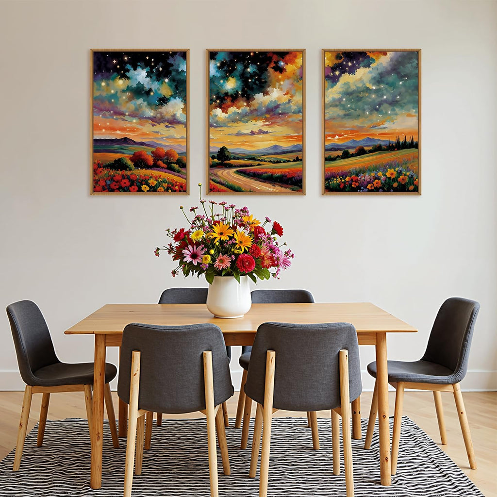 Large Abstract Mountain Flower Framed Canvas Wall Art,Colorful Starry Night Wall Decor,Retro Natural Wildflower Wall Painting,Field Artwork for Living Room,Bedroom,Dining Room,Office -24'x36'x3
