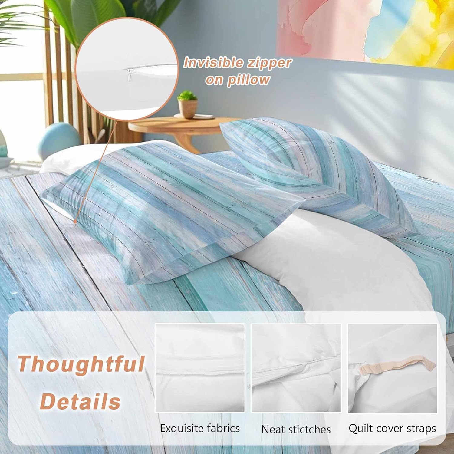 Prime Leader Summer Duvet Cover Set Queen Size 4 Pieces Gradient Blue Wood Grain Rustic Farmhouse Modern Bedding Set with Zipper Closure, 1 Comforter Cover 92x106 Inches 1 Flat Sheet & 2 Pillow Cases