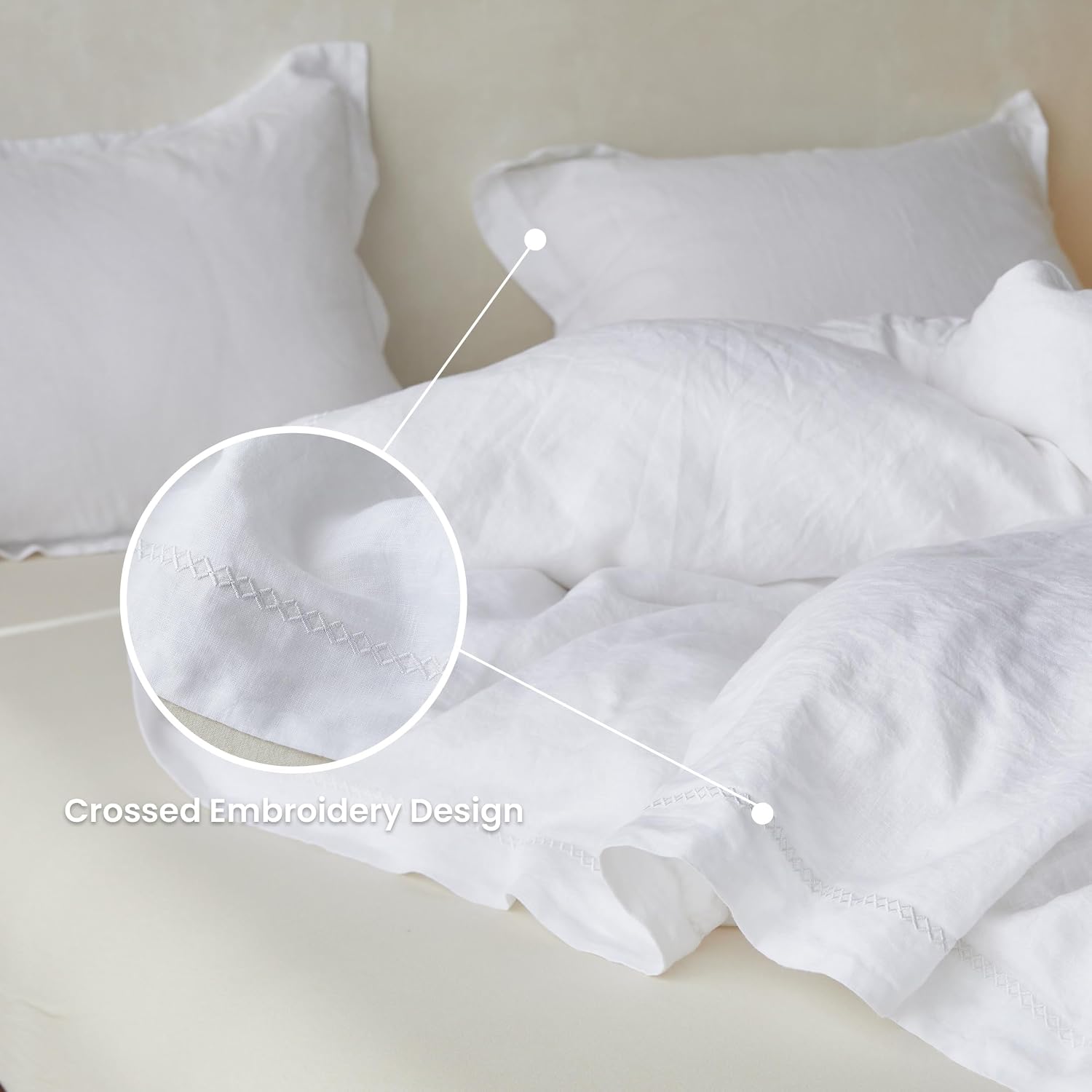 Simple&Opulence 100% Linen Duvet Cover Set with Crossed Embroidery Washed - 3 Pieces (1 Duvet Cover with 2 Pillow Shams) Soft Breathable Farmhouse - White, King Size