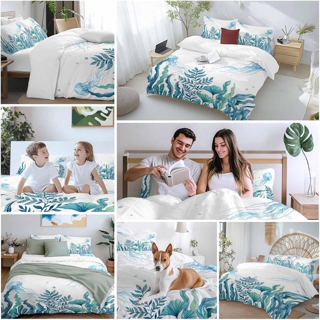 Prime Leader Blue Summer Ocean Duvet Cover Set Queen Size 4 Pieces Jellyfish Seaweed Watercolor Coastal Bedding Set with Zipper Closure, 1 Comforter Cover 90x92 Inches 1 Flat Sheet & 2 Pillow Cases