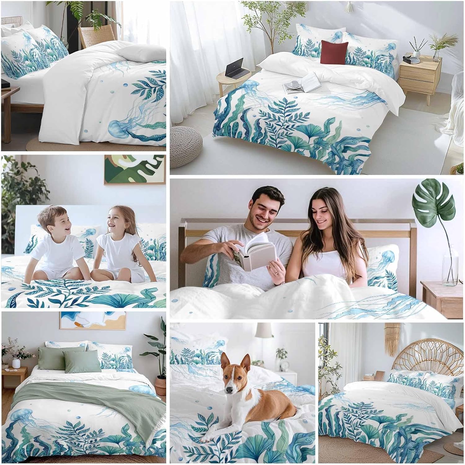 Prime Leader Blue Summer Ocean Duvet Cover Set Queen Size 4 Pieces Jellyfish Seaweed Watercolor Coastal Bedding Set with Zipper Closure, 1 Comforter Cover 90x92 Inches 1 Flat Sheet & 2 Pillow Cases