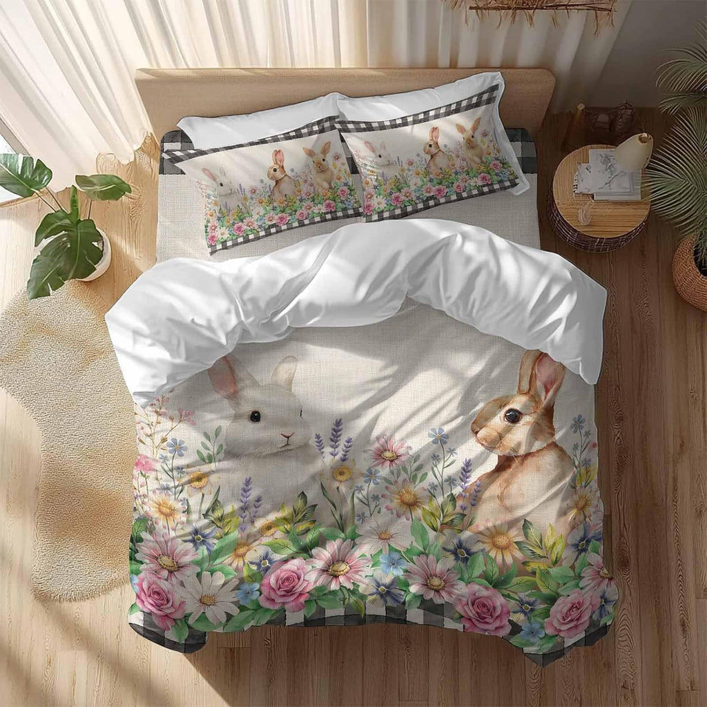 Spring Rabbits Duvet Cover Set Queen Size 4 Pieces Pink Rose Purple Flowers Daisy Vintage Linen Bedding Set with Zipper Closure, 1 Comforter Cover 90x92 Inches 1 Flat Sheet & 2 Pillow Cases