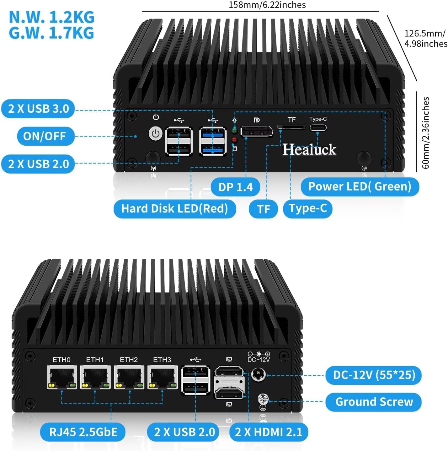 Firewall Appliance Mini PC 2.5GBe, N100 Fanless Firewall Router Micro Computer Quad Core,DDR5 8GB RAM 128GB SSD, 4X 2.5Gbe Lan/AES-NI/OPNsense/USBC/2HD/DP/TF/6USB/,Three Screen Display