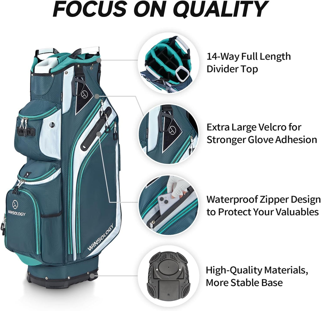 Max Lightweight Golf Cart Bag with Dual Handles and 14 Way Individual Full Length Dividers, Golf Club Bag with 11 Pockets, Large Putter Well, Double Strap Cooler for Men & Women