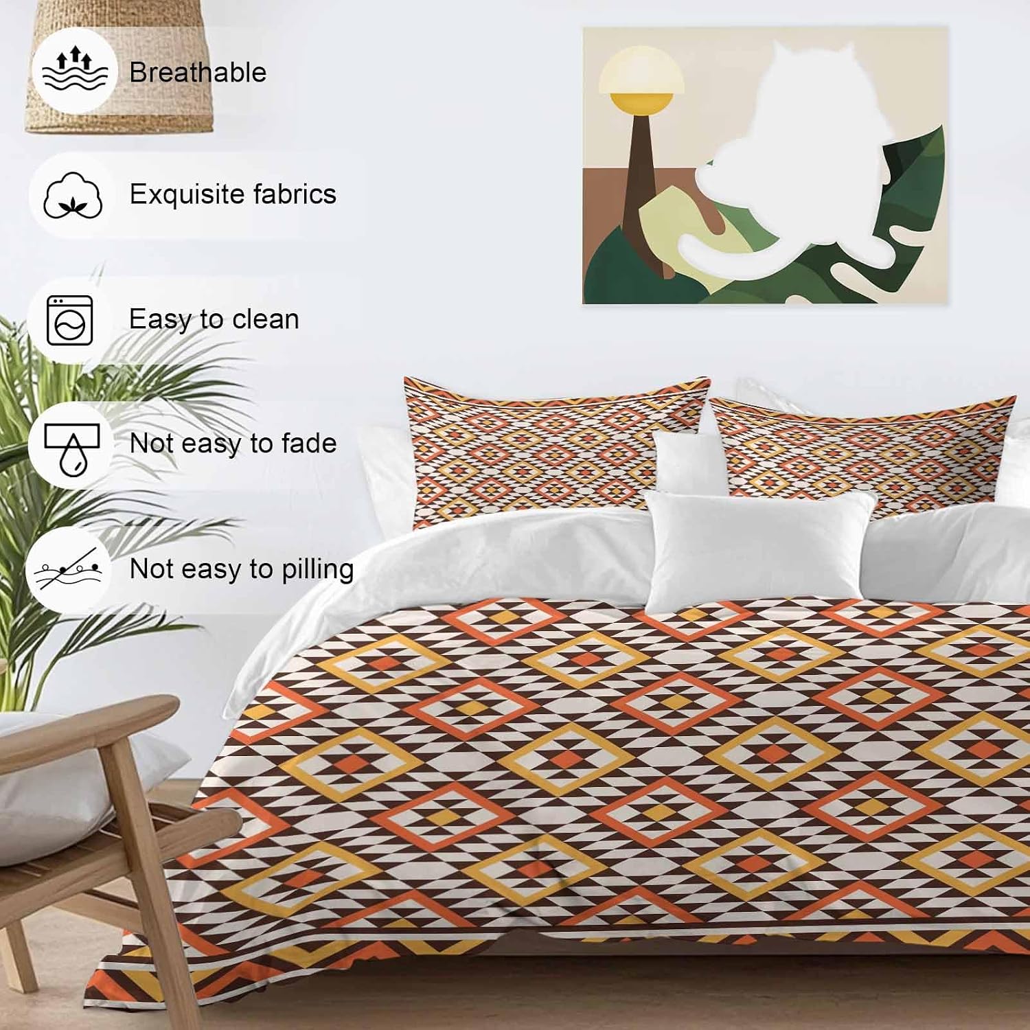 Native Striped Duvet Cover Set Queen Size 4 Pieces Yellow Orange Tribe Geometric Abstract Ethnic Plaid Bedding Set with Zipper Closure, 1 Comforter Cover 92x106 Inches 1 Flat Sheet & 2 Pillow Cases