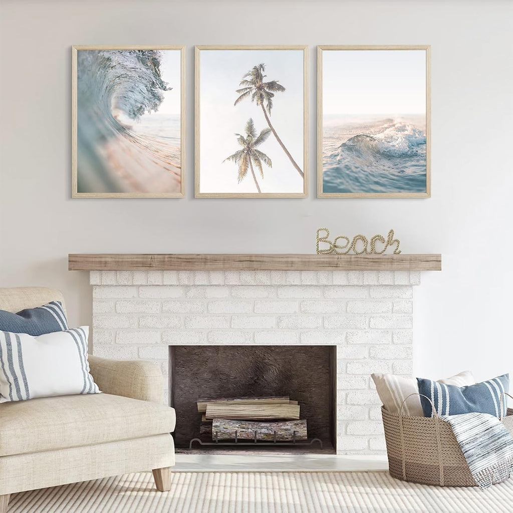Lhoiplme Beach Wall Art Decor Coastal Ocean Poster Palm Tree Canvas Wall Decor Beachy Room Aesthetic Pictures Blue Waves Prints Beach Coasta Artwork for Bedroom Living Room 24x36 Inch Framed Set of 3