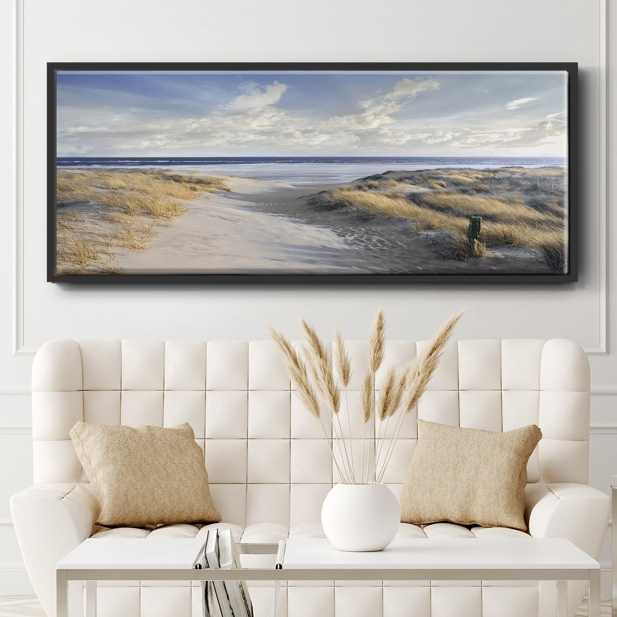 Renditions Gallery Floater Framed Home Decor Coastal Dunes Path Painting Canvas Home Decorations for Lounge Drawing Room Balcony Kitchen - 24'x60' Black Frame LT618