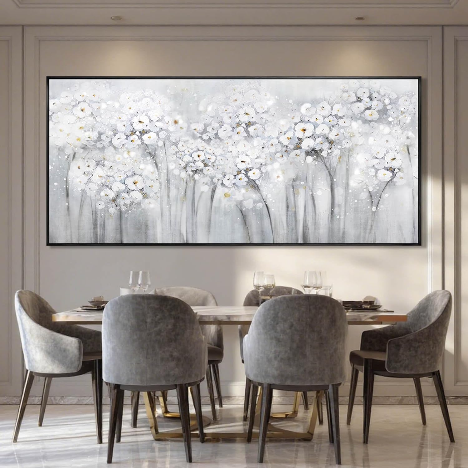 Flower Wood Wall Decor White Wall Art Textured Canvas Painting 32'x70' Decorative Pictures for Bedroom Kitchen Large Artwork