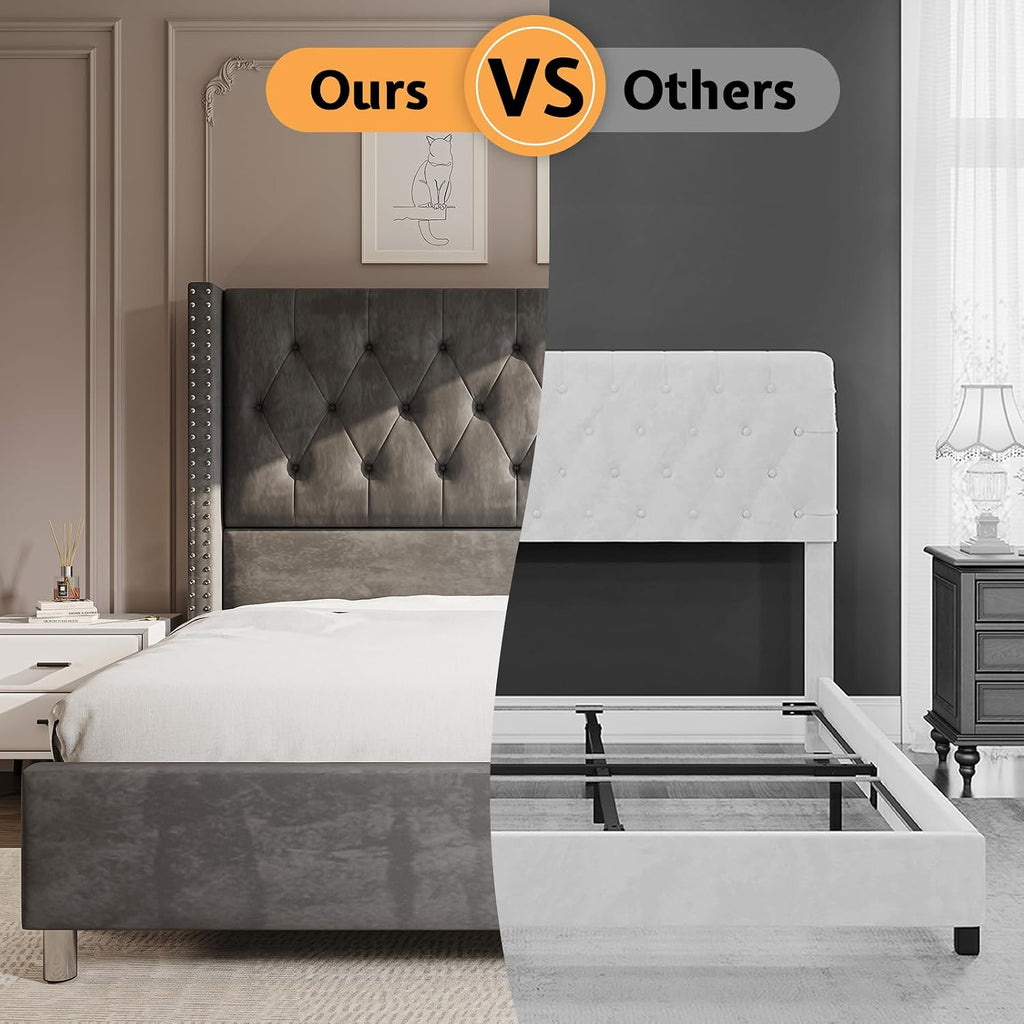 Jocisland Queen Bed Frame Upholstered Bed Wingback Headboard Velvet Tufted Diamond Button/No Box Spring Needed/Easy Assembly/Gray