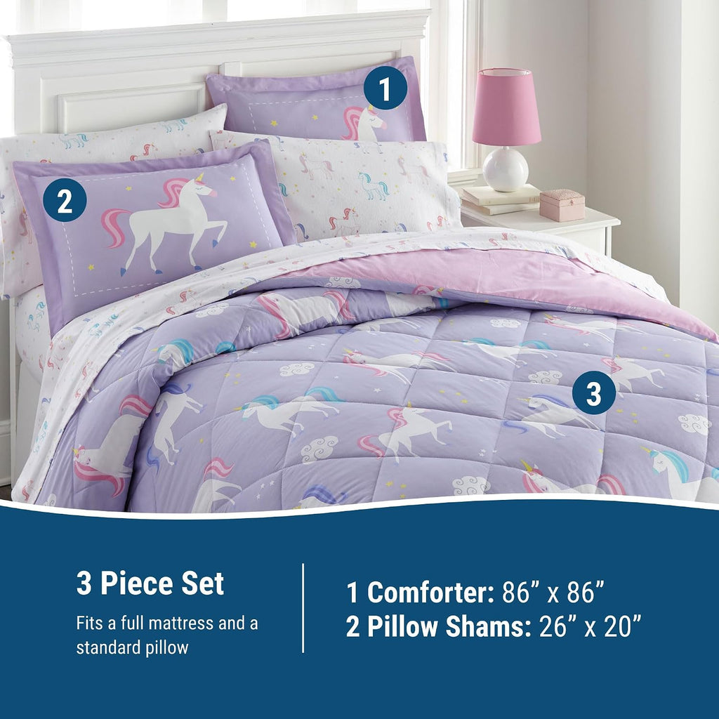Wildkin Kids Cotton Full Comforter Set – Lightweight, Fits Full Mattress, Two Pillow Shams Included - Unicorn