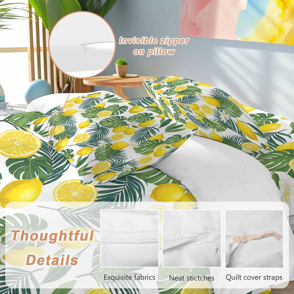 Prime Leader Lemon Leaf Duvet Cover Set Queen Size 4 Pieces Watercolor Lemon Floral Monstera Leaf Bedding Set with Zipper Closure, 1 Comforter Cover 90x92 Inches 1 Flat Sheet & 2 Pillow Cases