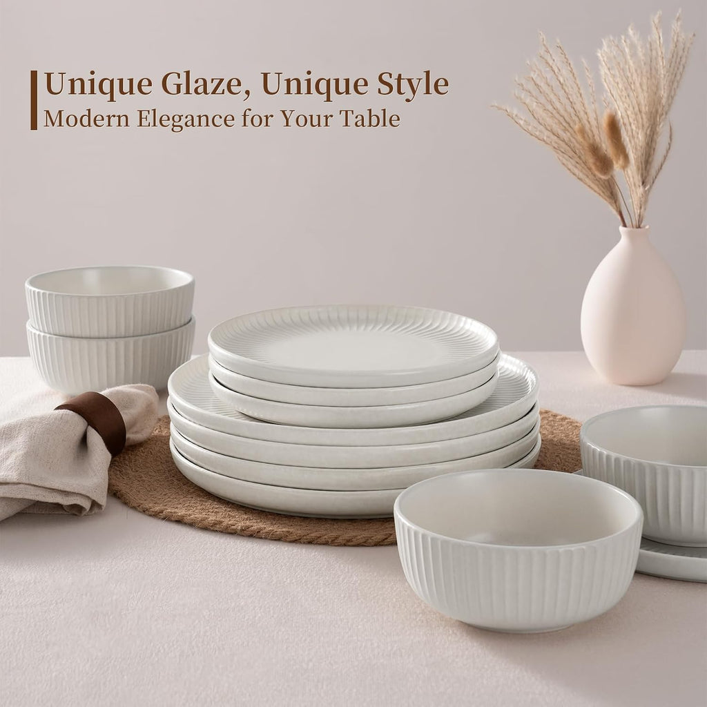 Famiware Starlight 18-Piece Plates and Bowls Sets for 6, Stoneware Dinnerware with Ribbed Textured, Handcrafted Reactive Glaze Dishes - Dishwasher & Microwave Safe, Chip/Scratch Resistant, Matte White