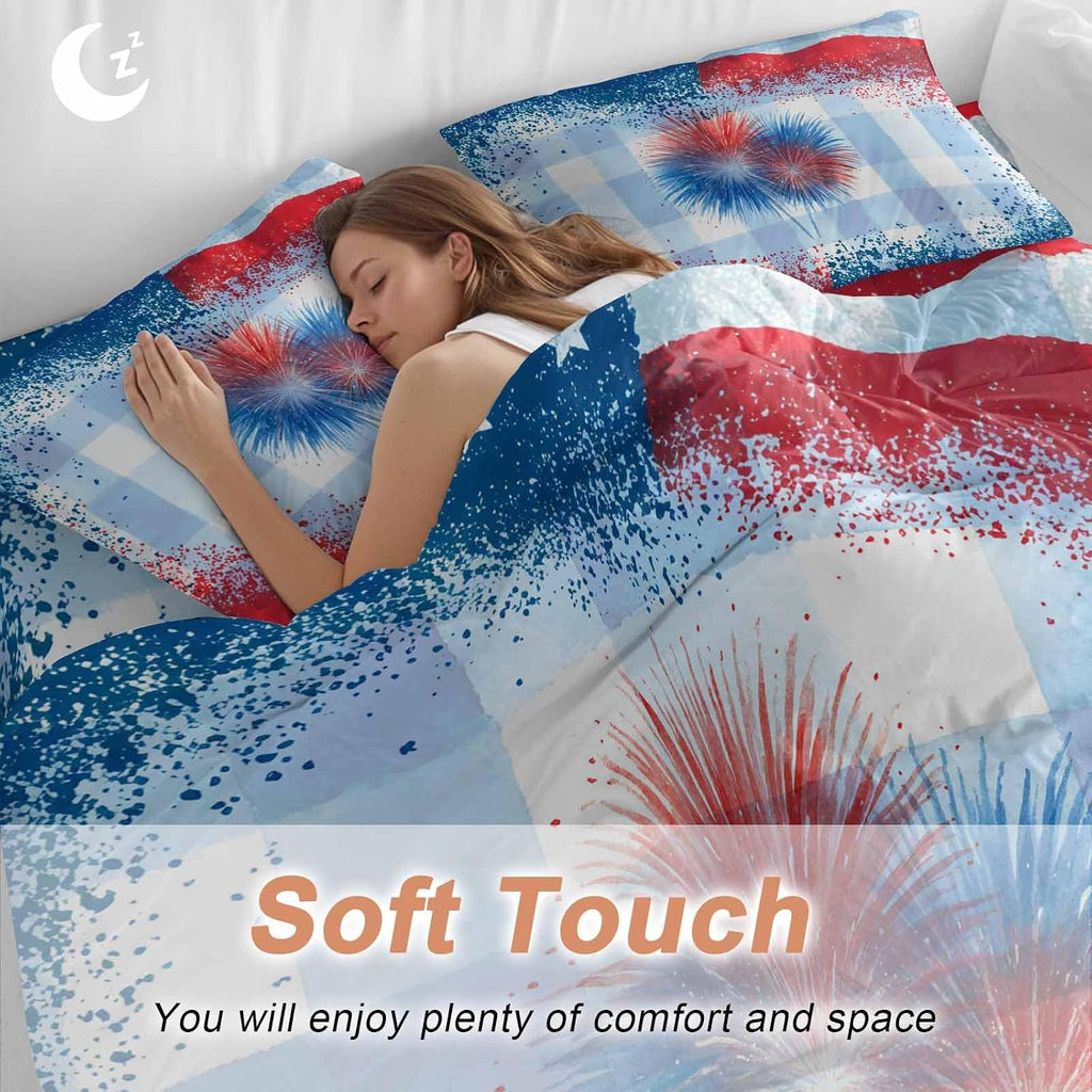 Independence Day Firework Duvet Cover Set Queen Size 4 Pieces 4th of July American Flag Blue Plaid Bedding Set with Zipper Closure, 1 Comforter Cover 86x86 Inches 1 Flat Sheet & 2 Pillow Cases