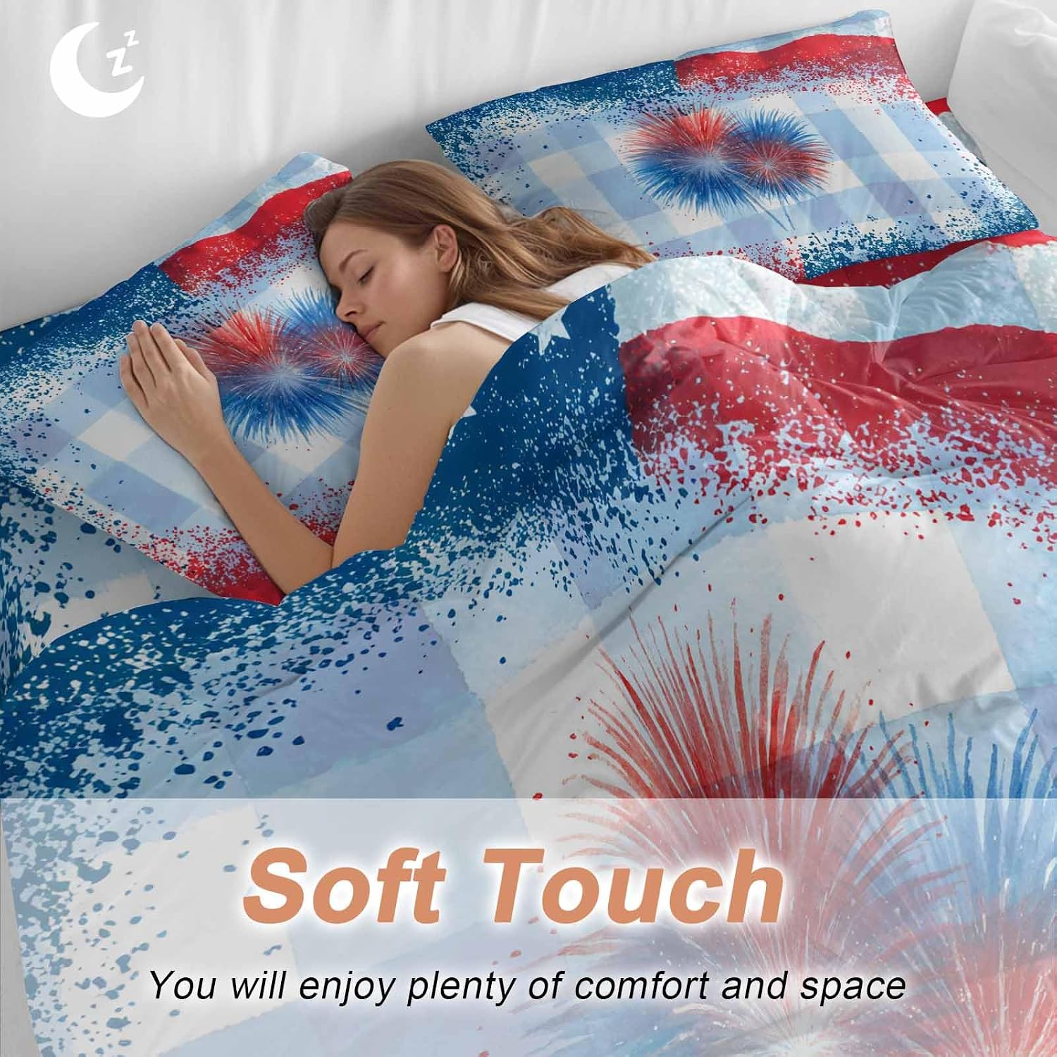 Independence Day Firework Duvet Cover Set Queen Size 4 Pieces 4th of July American Flag Blue Plaid Bedding Set with Zipper Closure, 1 Comforter Cover 86x86 Inches 1 Flat Sheet & 2 Pillow Cases
