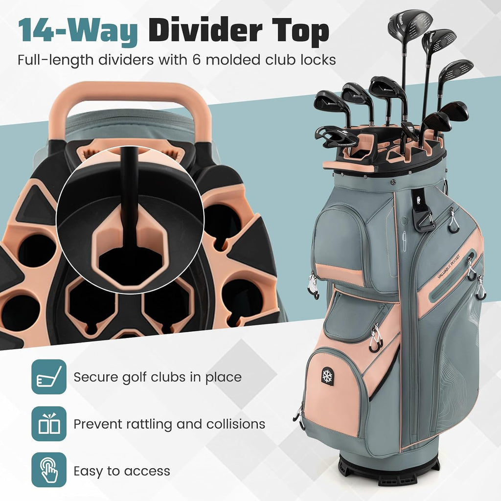 Goplus Lightweight Golf Cart Bag, Molded Lock Top Golf Club Bag w/14-Way Full Length Organizer Dividers, 11 Pockets, Cooler Bag, Straps, Umbrella Holder & Rain Hood for Men Women