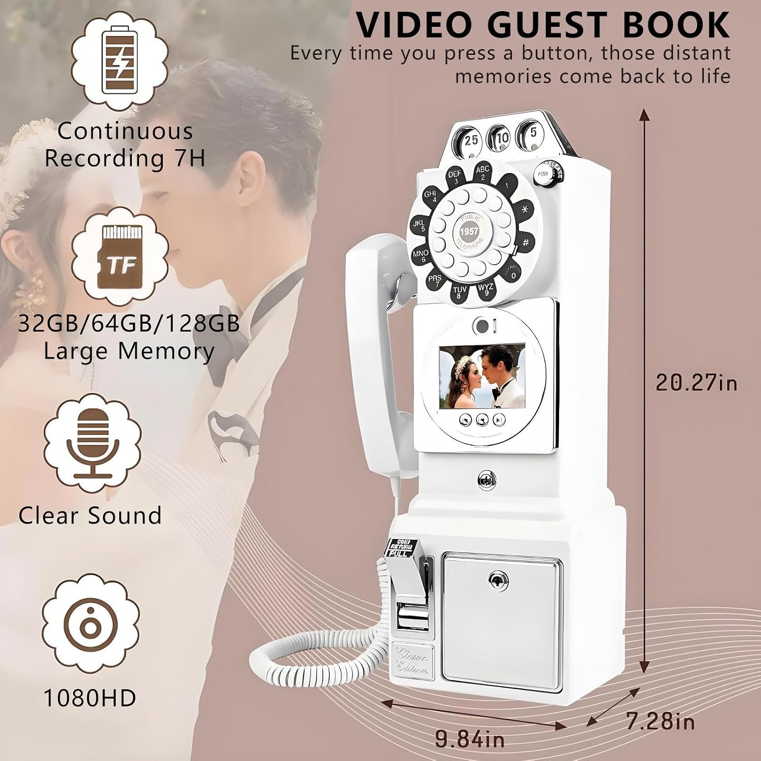 Video Audio Guest Book Wedding Phone,60h/120h/240h Recorded Video,Baby Shower Phone Guestbook,3.5' 1080p Screen,128GB
