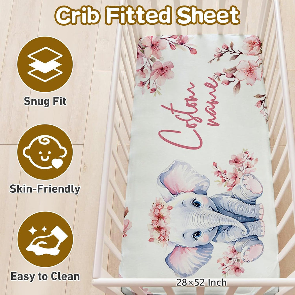 Terwex Personalized Baby Bedding Set, 5 Pcs Custom Name Bedding for Girls Boys - Nursery Bedding for Crib, Soft Toddler Bedding Sets for Infant Customized Gifts, Flower Elephant