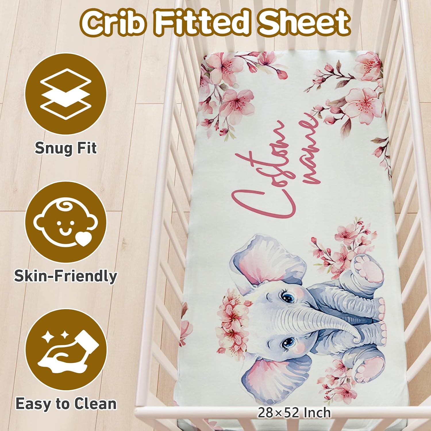 Terwex Personalized Baby Bedding Set, 5 Pcs Custom Name Bedding for Girls Boys - Nursery Bedding for Crib, Soft Toddler Bedding Sets for Infant Customized Gifts, Flower Elephant