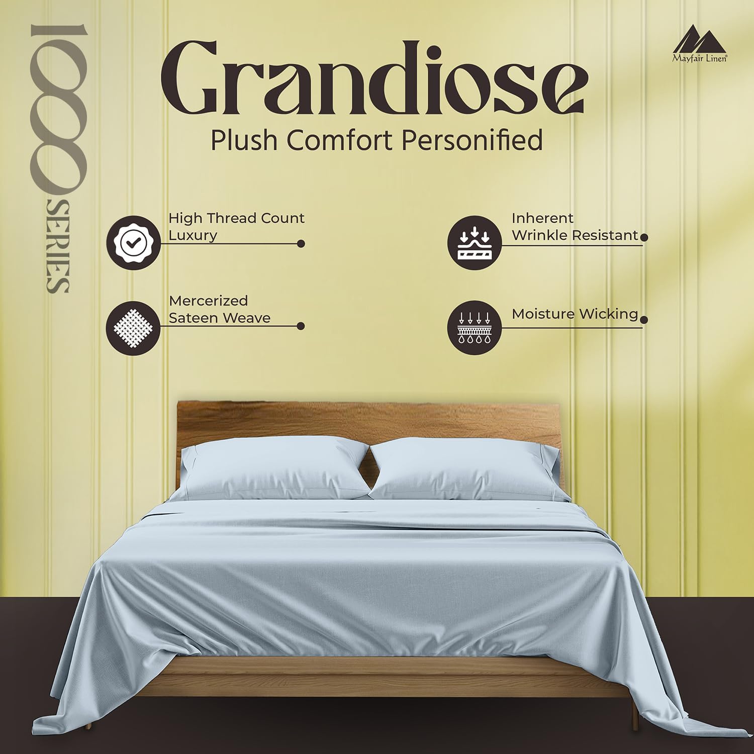 Mayfair Linen 100% Pure Egyptian Cotton Sheet King Size - Luxury 1000 Series Grandiose Collection King Size Sheets Set (4 PC, Light Blue), 16' Deep Pocket Sateen Weave Soft Cooling Hotel Bed Sheet Set