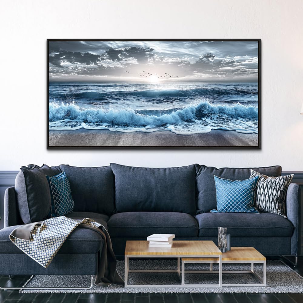 ERQINHUA Large Wall Decor For Bedroom Wall Art For Living Room Office Decor Blue Beach Sea Wave Paintings Sunrise Ocean Seascape Wall Pictures Canvas Artwork Modern Home Decor Black Frame 30x60 In