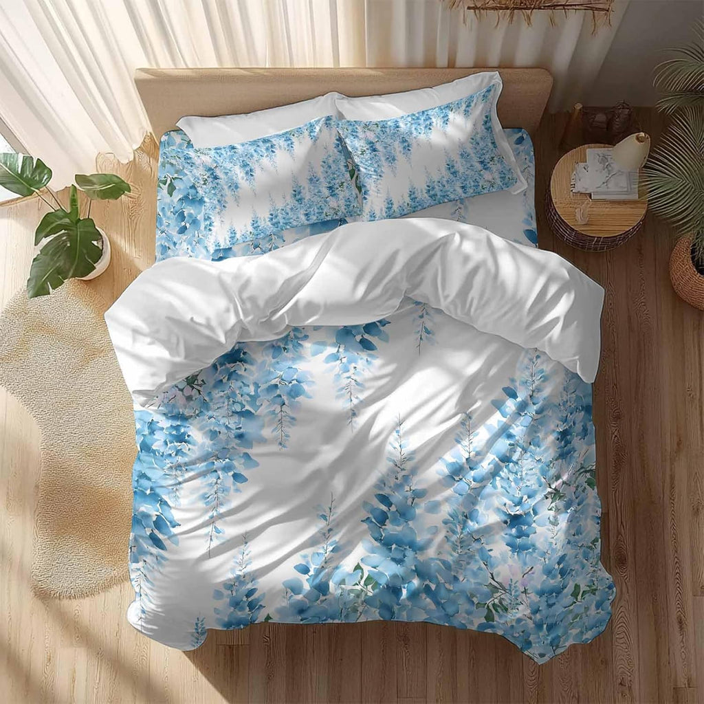 Prime Leader Blue Flowers Duvet Cover Set Queen Size 4 Pieces Watercolor Blue Wisteria Floral Bedding Set with Zipper Closure, 1 Comforter Cover 86x86 Inches 1 Flat Sheet & 2 Pillow Cases