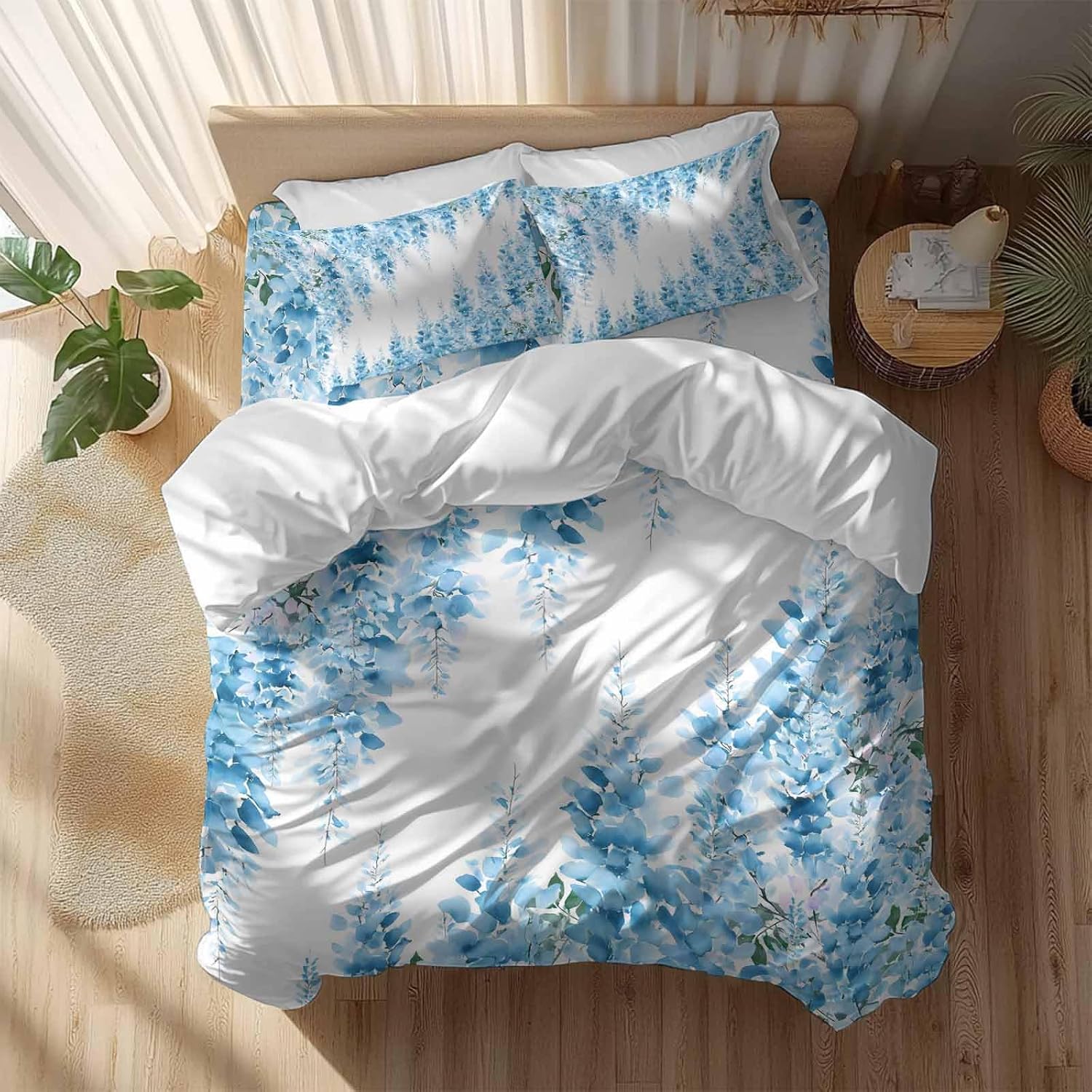 Prime Leader Blue Flowers Duvet Cover Set Queen Size 4 Pieces Watercolor Blue Wisteria Floral Bedding Set with Zipper Closure, 1 Comforter Cover 86x86 Inches 1 Flat Sheet & 2 Pillow Cases