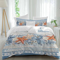 Blue Coastal Duvet Cover Set Queen Size 4 Pieces Orange Starfish Coral Beach Nautical Vintage Bedding Set with Zipper Closure, 1 Comforter Cover 86x86 Inches 1 Flat Sheet & 2 Pillow Cases