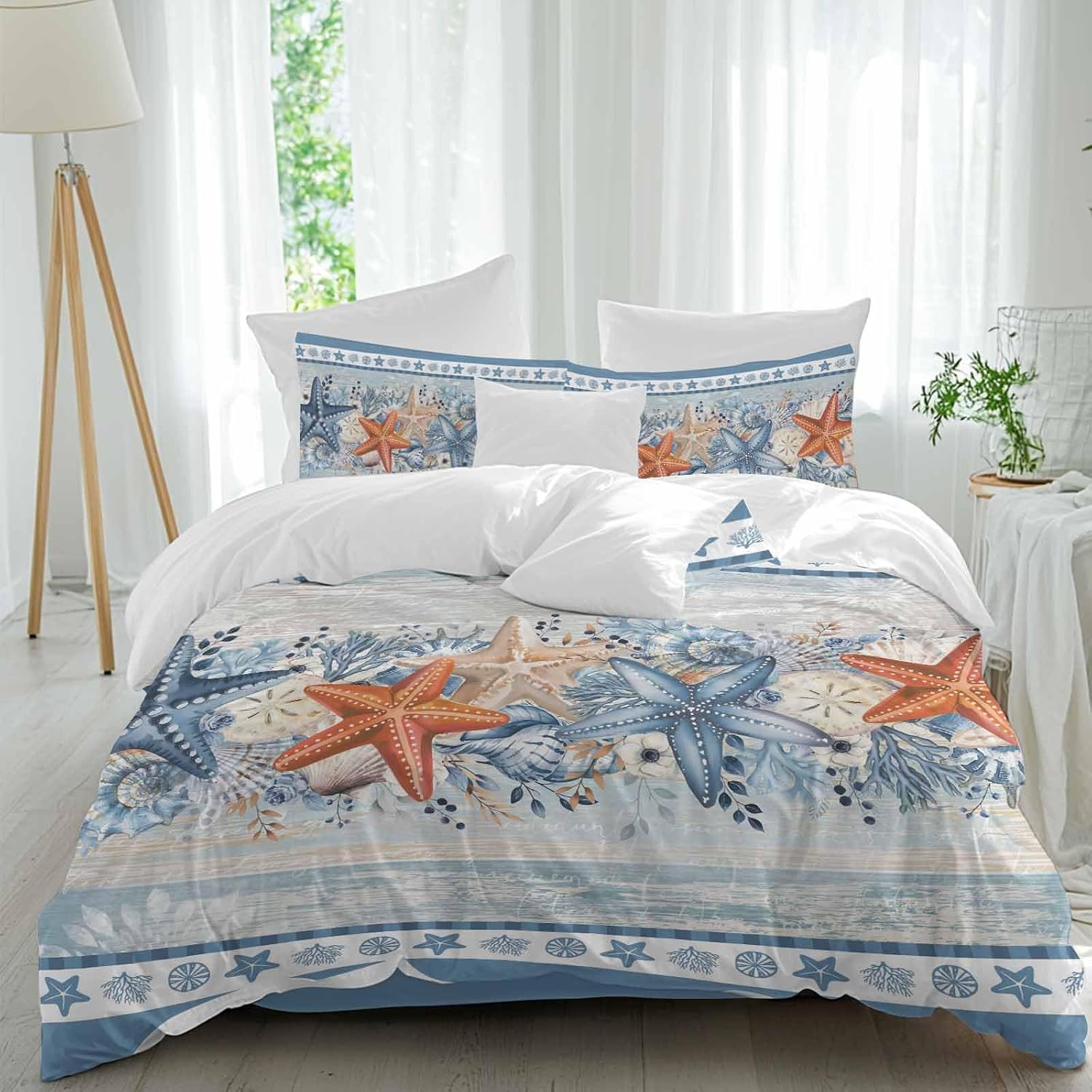 Blue Coastal Duvet Cover Set Queen Size 4 Pieces Orange Starfish Coral Beach Nautical Vintage Bedding Set with Zipper Closure, 1 Comforter Cover 86x86 Inches 1 Flat Sheet & 2 Pillow Cases
