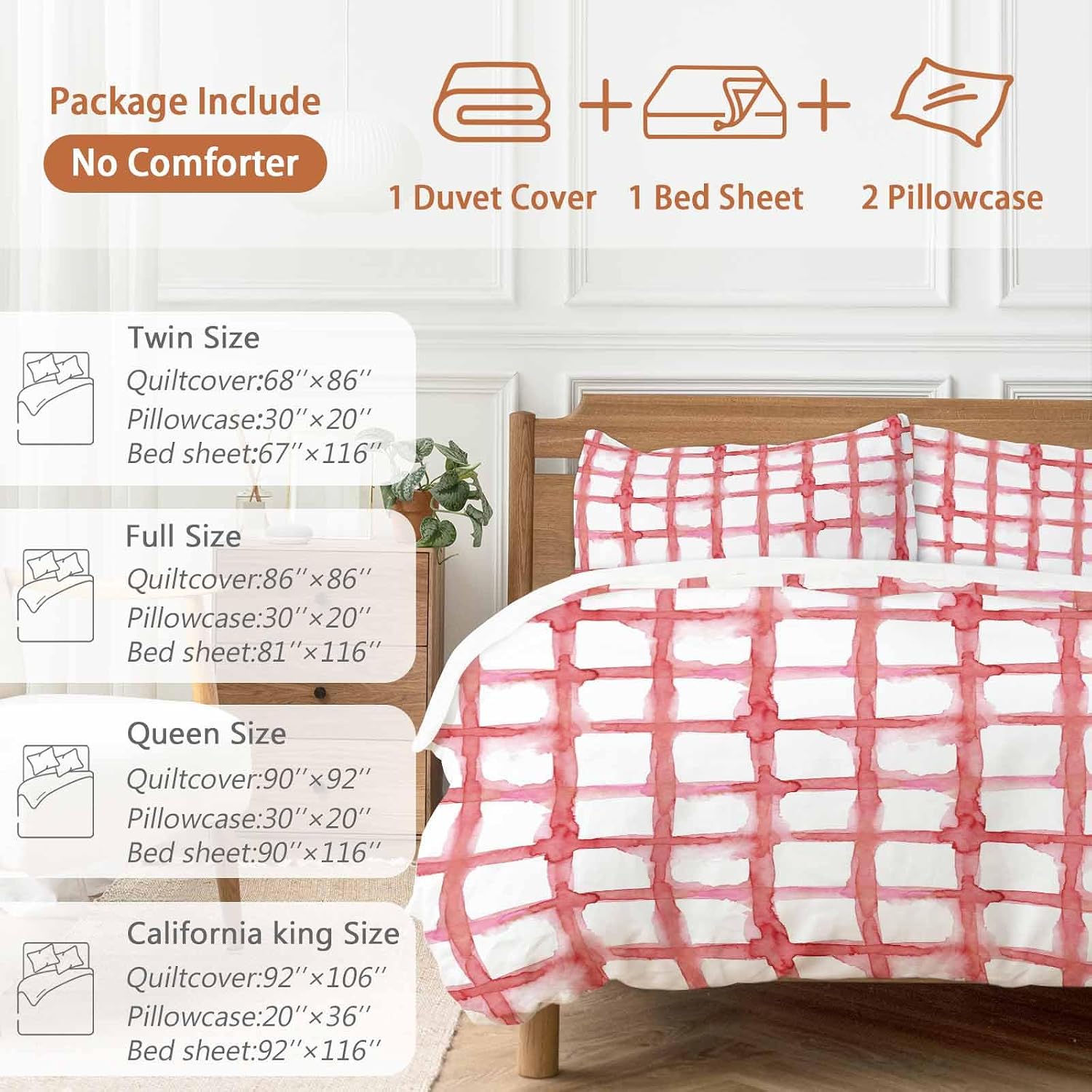 Retro Red Checkered Duvet Cover Set Queen Size 4 Pieces Watercolor Lines Geometric Minimalist Bedding Set with Zipper Closure, 1 Comforter Cover 90x92 Inches 1 Flat Sheet & 2 Pillow Cases