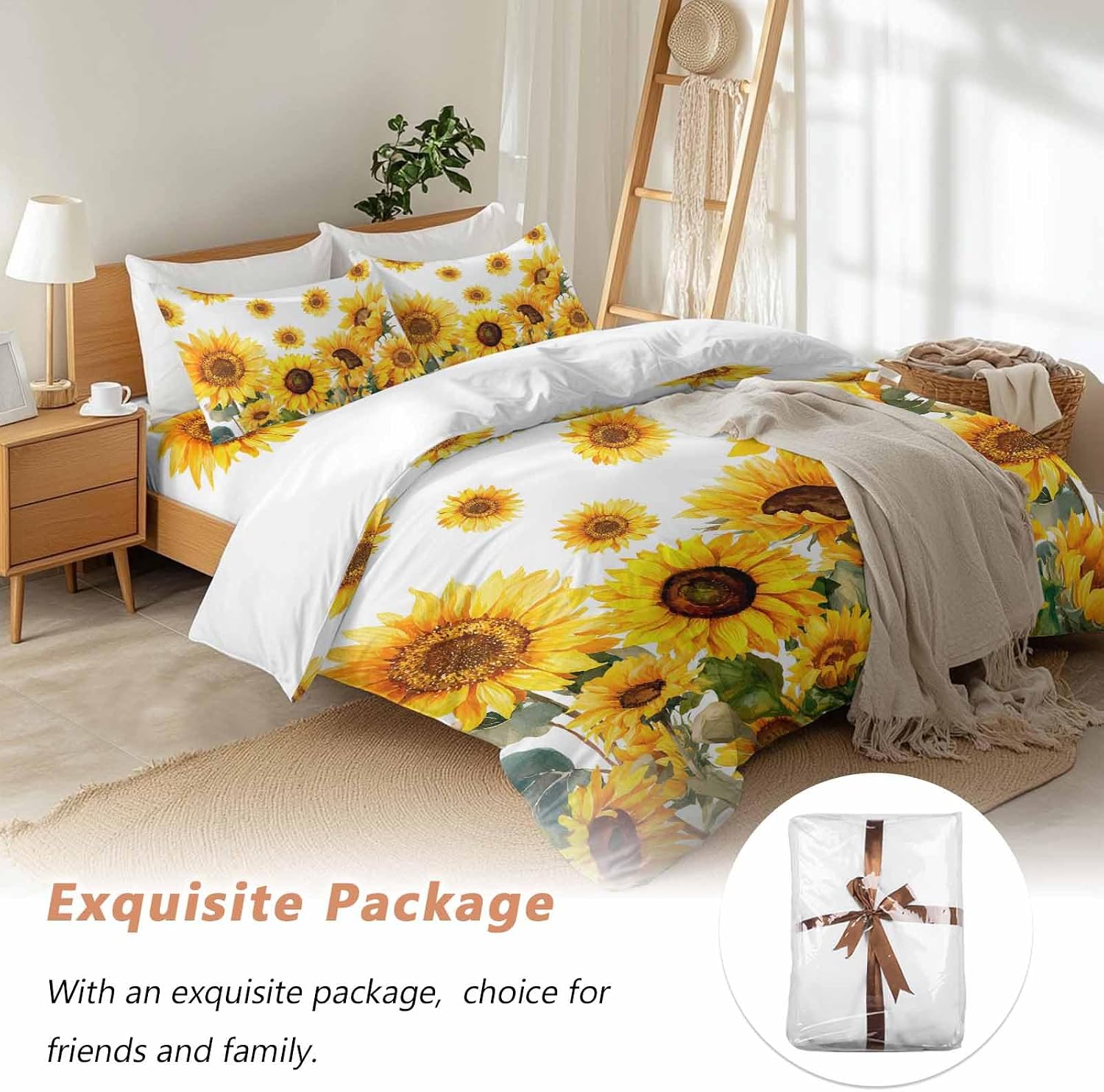 Prime Leader Summer Sunflower Duvet Cover Set Queen Size 4 Pieces Watercolor Flowers Farmhouse Bedding Set with Zipper Closure, 1 Comforter Cover 86x86 Inches 1 Flat Sheet & 2 Pillow Cases