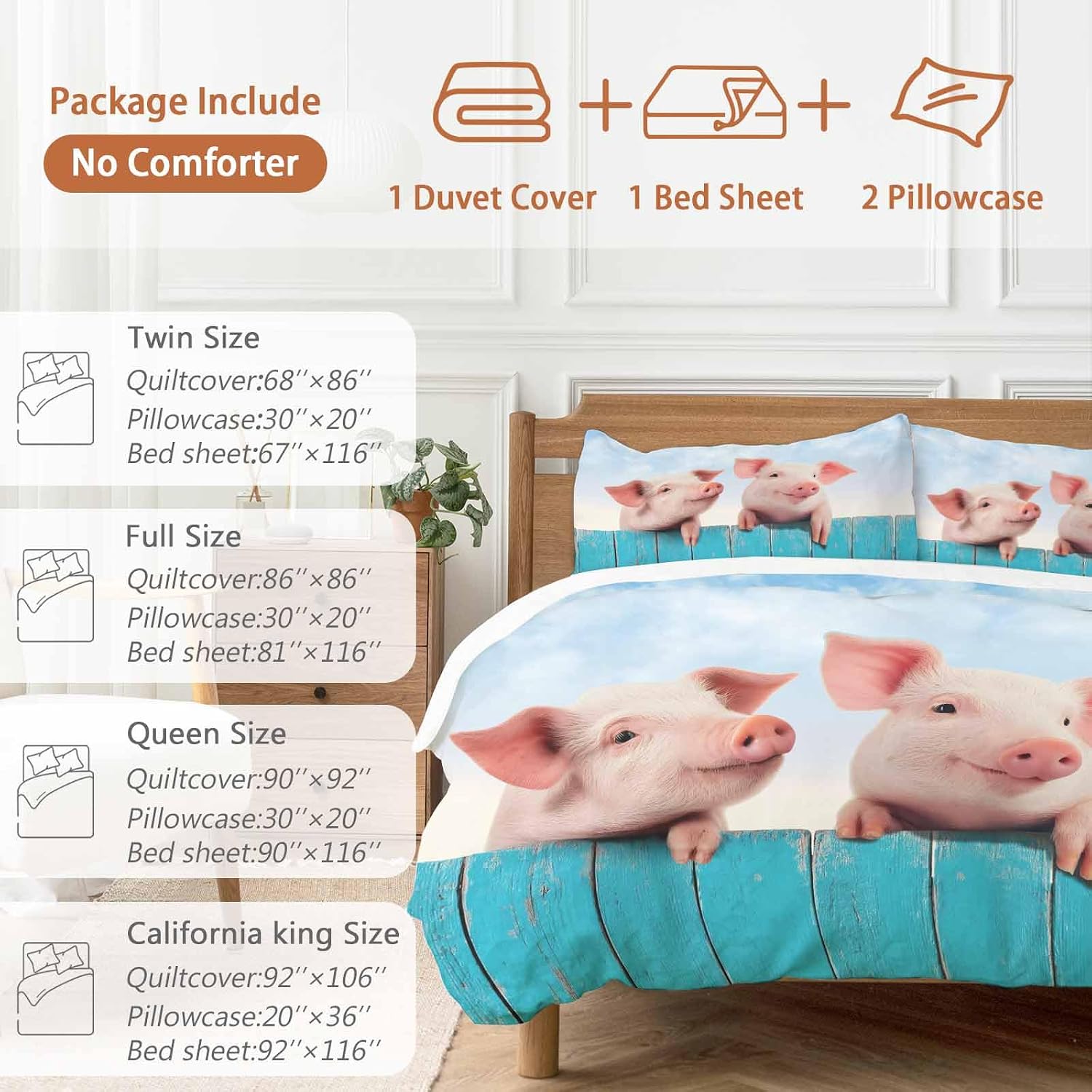 Prime Leader Pigs Duvet Cover Set Queen Size 4 Pieces Farmhouse Cute Pigs Blue Wooden Fence Blue Sky Bedding Set with Zipper Closure, 1 Comforter Cover 86x86 Inches 1 Flat Sheet & 2 Pillow Cases