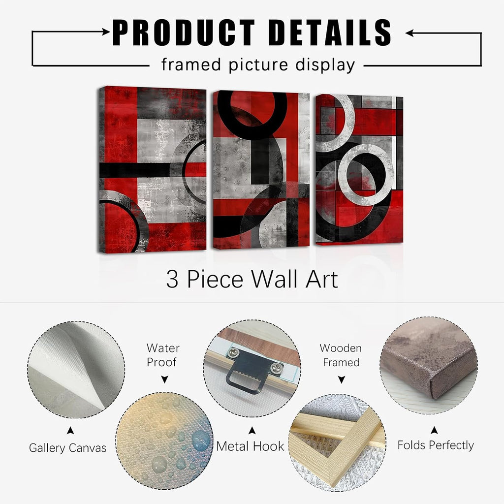 SWQYLB Black and Red Wall Art 3 Piece Abstract Line Black Gray Red Canvas Prints Minimalist Painting Modern Geometric Artwork for Office Decor Frame (24.00' x 36.00' x 3PCS)