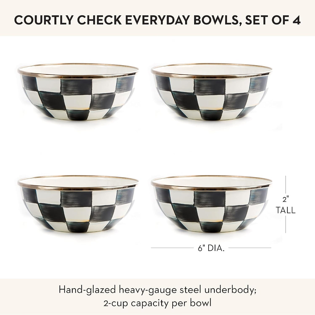 MACKENZIE-CHILDS Enamel Everyday Bowl, Serving Bowl for Entertaining, Extra-Small, Black-and-White Courtly Check, Set of 4