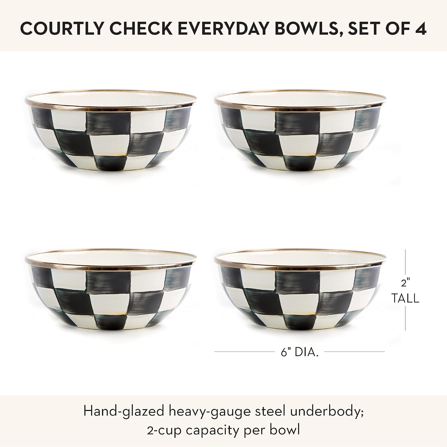 MACKENZIE-CHILDS Enamel Everyday Bowl, Serving Bowl for Entertaining, Extra-Small, Black-and-White Courtly Check, Set of 4
