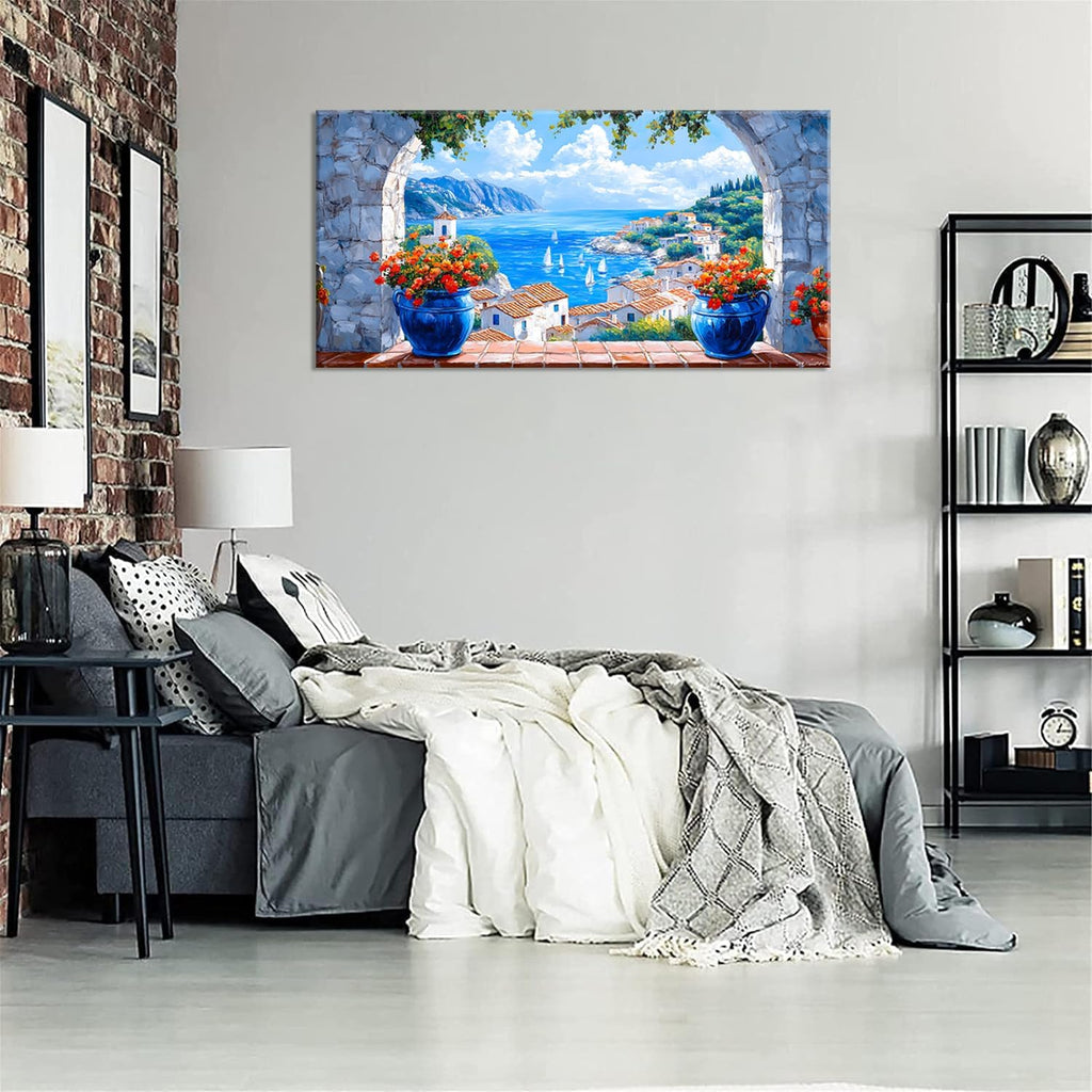 LAVIKARS Seascape Wall Art Navy blue Oil Painting Reproduction Print Modern window view Canvas Paintings Artwork Landscape Picture for Living Room Bedroom Home Kitchen Decor (28x58inch)