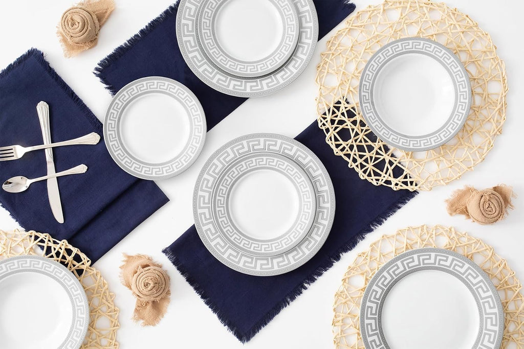 32 Piece Porcelain Dinnerware Sets for 8 – White Plates and Bowls with Silver Greek Key Design - Dish Set for Kitchen Table, Everyday Dining or Formal Occasions (Meander Silver)