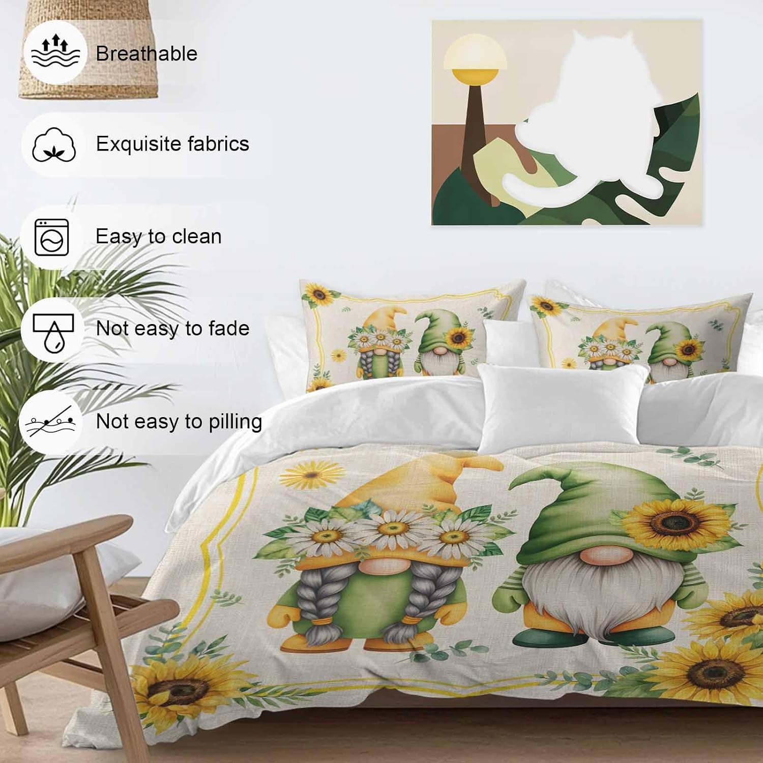 Prime Leader Summer Dwarfs Duvet Cover Set Queen Size 4 Pieces Yellow Sunflower Daisy Field Plant Vintage Bedding Set with Zipper Closure, 1 Comforter Cover 90x92 Inches 1 Flat Sheet & 2 Pillow Cases