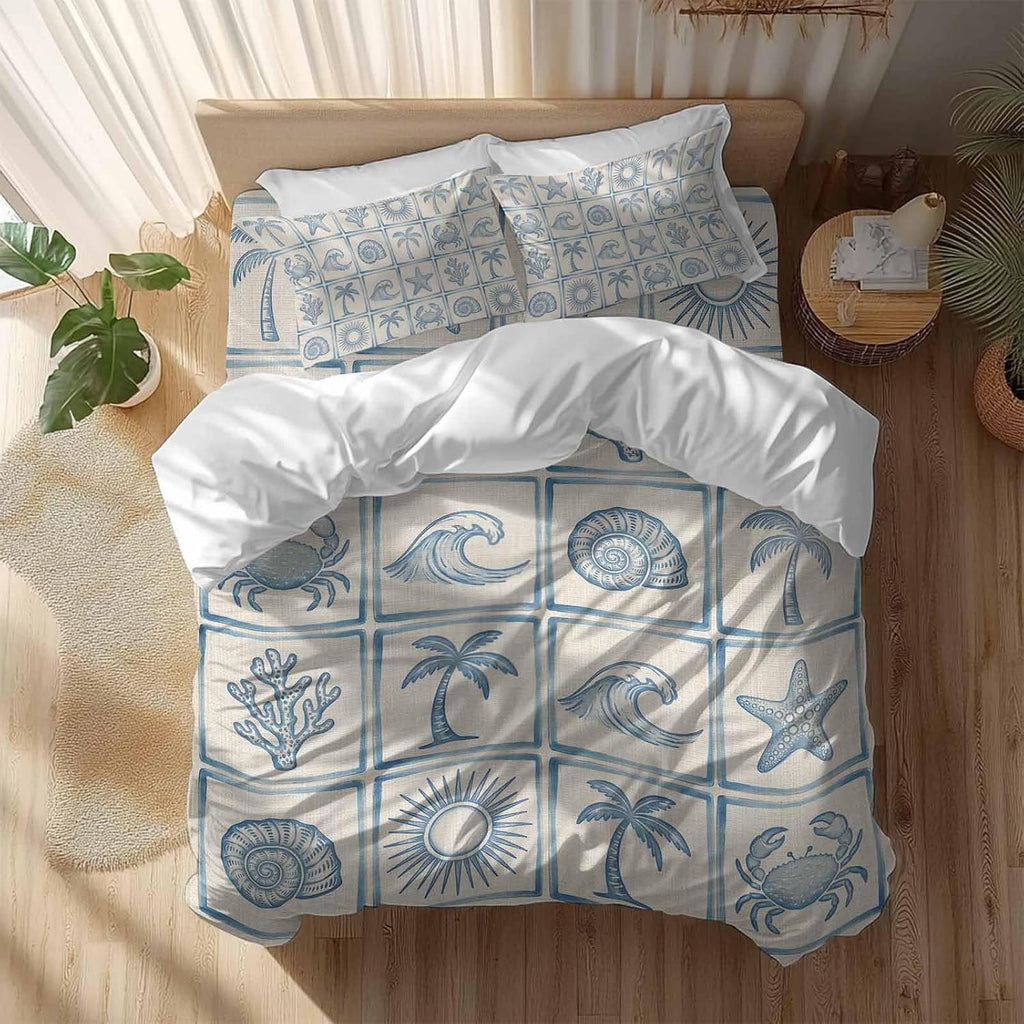Prime Leader Summer Coastal Duvet Cover Set Queen Size 4 Pieces Retro Ocean Waves Shell Crab Coconut Tree Bedding Set with Zipper Closure, 1 Comforter Cover 90x92 Inches 1 Flat Sheet & 2 Pillow Cases
