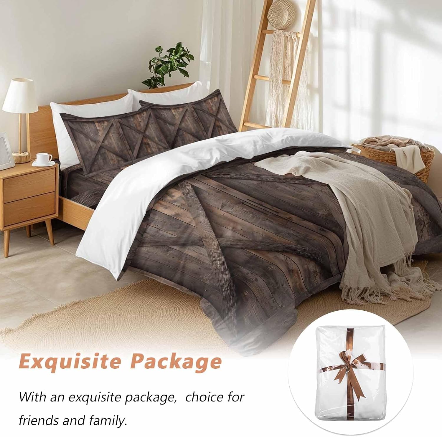Farmhouse Duvet Cover Set Queen Size 4 Pieces Brown Country Style Barn Door Distressed Wood Grain Bedding Set with Zipper Closure, 1 Comforter Cover 90x92 Inches 1 Flat Sheet & 2 Pillow Cases