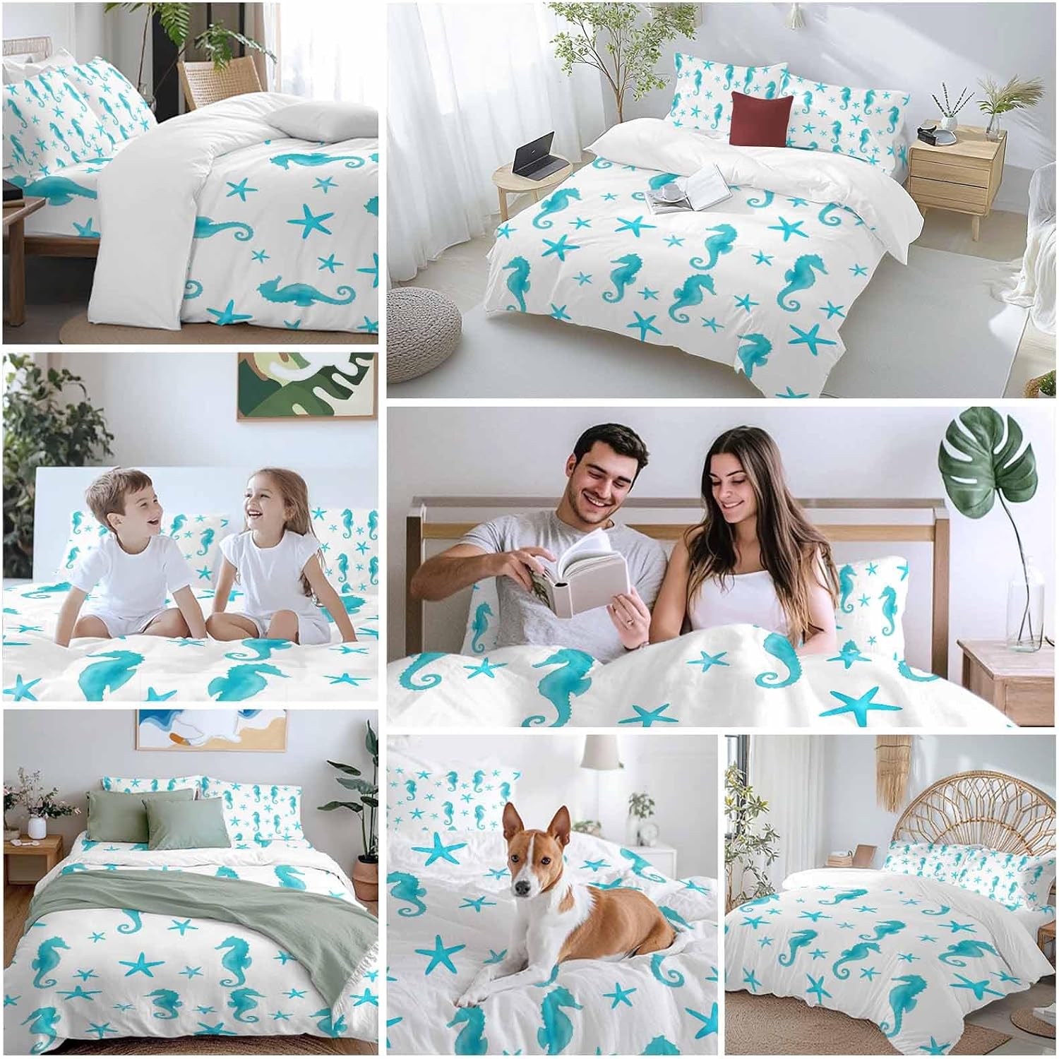 Turquoise Marine Life Duvet Cover Set Queen Size 4 Pieces Summer Seahorse and Starfish Ocean Bedding Set with Zipper Closure, 1 Comforter Cover 92x106 Inches 1 Flat Sheet & 2 Pillow Cases
