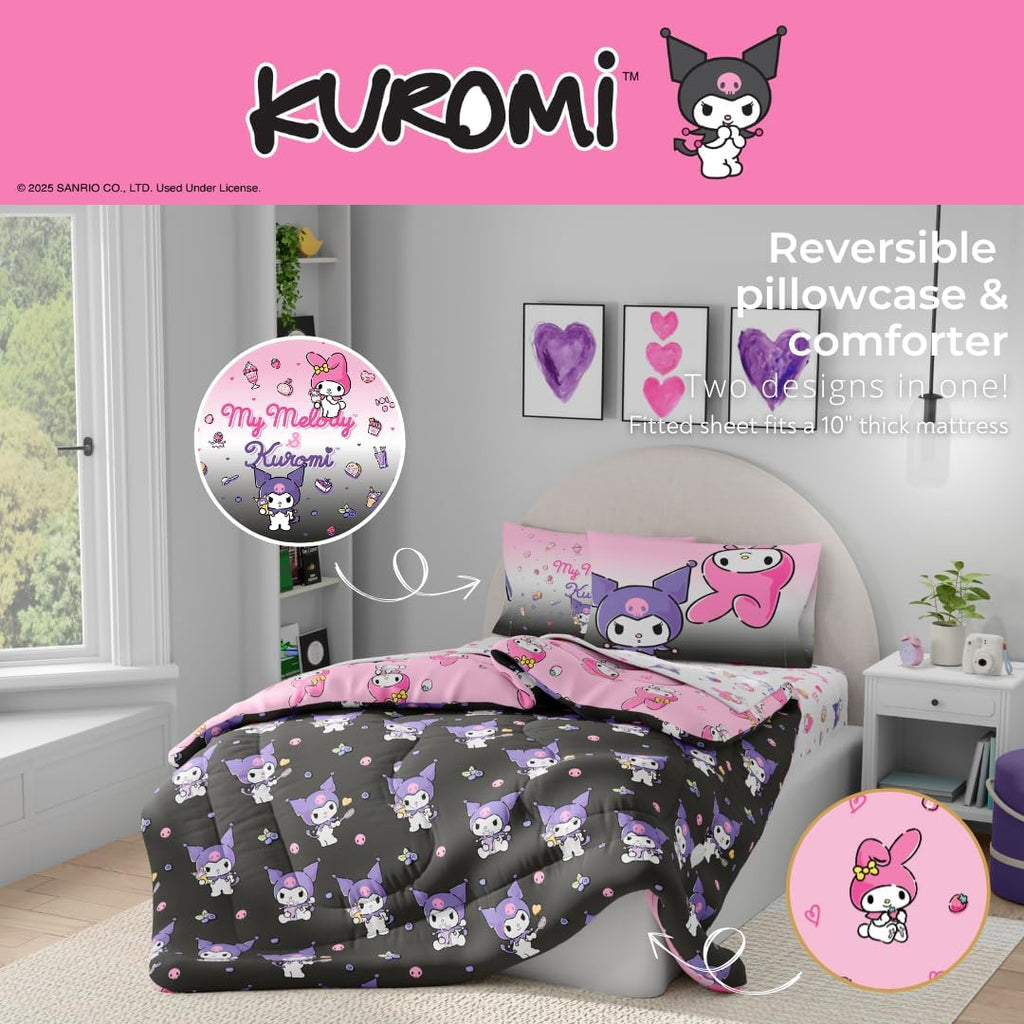 Sanrio Kuromi & My Melody Bedding 7 Piece Super Soft Cozy Reversible Comforter and Sheet Set with Sham, Queen, (100% Official Licensed Product) By Franco
