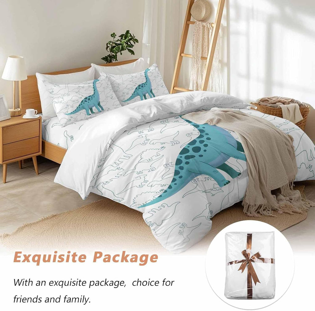 Prime Leader Green Dinosaur Duvet Cover Set Queen Size 4 Pieces Sketching Edges Dinosaur Cartoon Animal Bedding Set with Zipper Closure, 1 Comforter Cover 86x86 Inches 1 Flat Sheet & 2 Pillow Cases