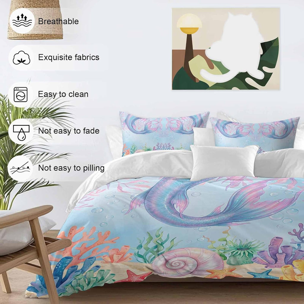 Ocean Marine Life Duvet Cover Set Queen Size 4 Pieces Watercolor Fish Tails Starfish Sea Nut Seagrass Bedding Set with Zipper Closure, 1 Comforter Cover 86x86 Inches 1 Flat Sheet & 2 Pillow Cases