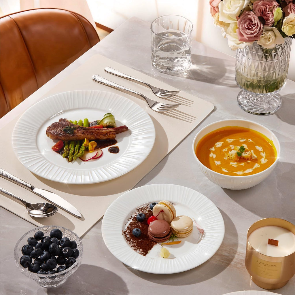 KINGSTONE Bone China Dinnerware Set, 18-Piece White Lightweight Porcelain with Textured Design Service for 6, Plates, Bowls, for Family Dining, Restaurants, Gifting，Microwave and Dishwasher Safe