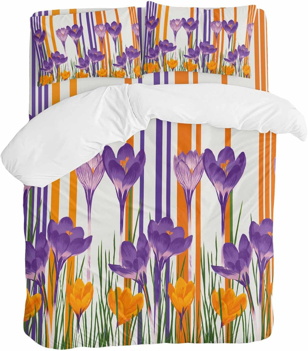 Spring Floral Duvet Cover Set Queen Size 4 Pieces Purple Yellow Gradient Flowers Colorful Stripe Bedding Set with Zipper Closure, 1 Comforter Cover 92x106 Inches 1 Flat Sheet & 2 Pillow Cases