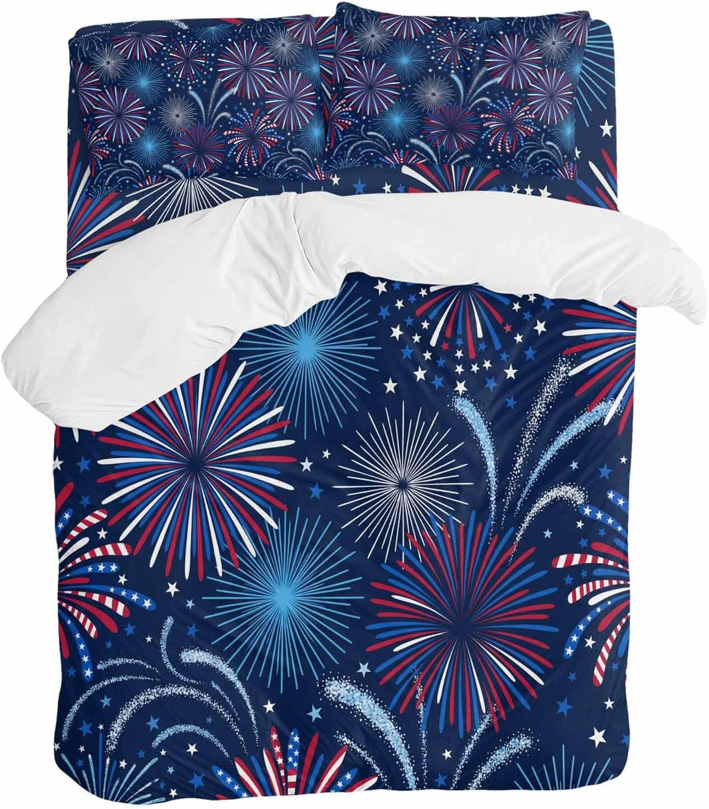 Independence Day Firework Duvet Cover Set Queen Size 4 Pieces Patriotic Red Blue Firework Dark Blue Bedding Set with Zipper Closure, 1 Comforter Cover 86x86 Inches 1 Flat Sheet & 2 Pillow Cases