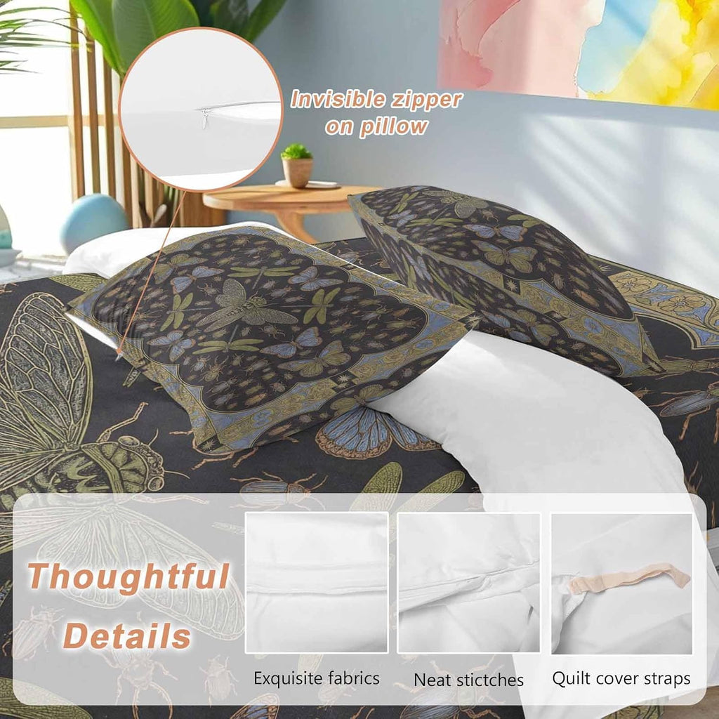 Retro Animal Duvet Cover Set Queen Size 4 Pieces Gold Dragonfly Butterfly Geometric Floral Black Bedding Set with Zipper Closure, 1 Comforter Cover 90x92 Inches 1 Flat Sheet & 2 Pillow Cases