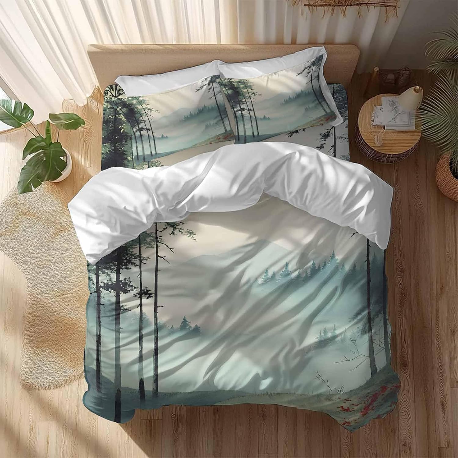 Prime Leader Forest Mountain Landscape Duvet Cover Set Queen Size 4 Pieces Foggy Retro Watercolor Bedding Set with Zipper Closure, 1 Comforter Cover 90x92 Inches 1 Flat Sheet & 2 Pillow Cases